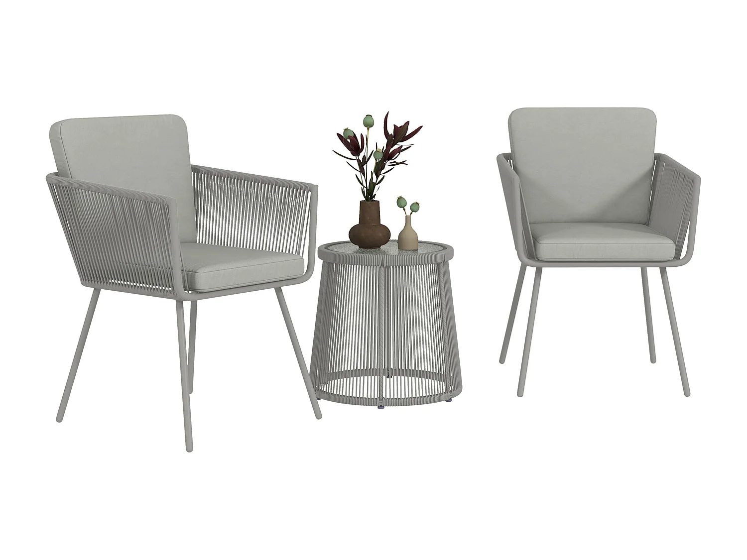 Set 2 sedie da giardino e tavolino stile boho in rattan grigio chiaro