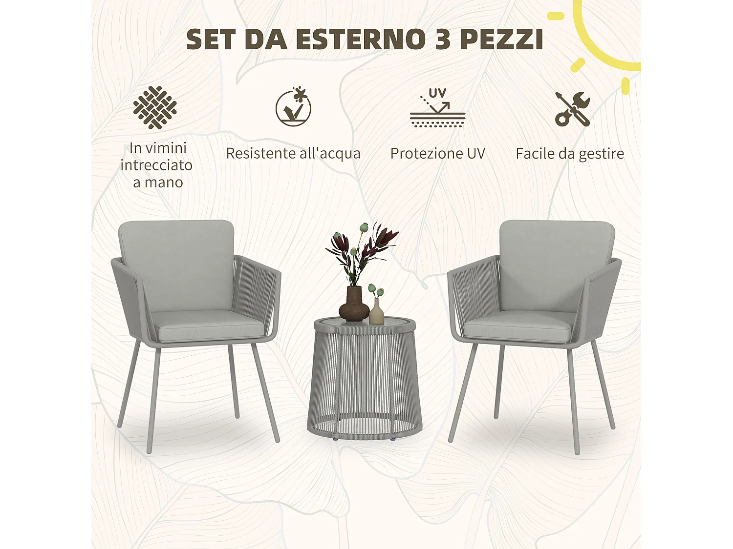 Set 2 sedie da giardino e tavolino stile boho in rattan grigio chiaro