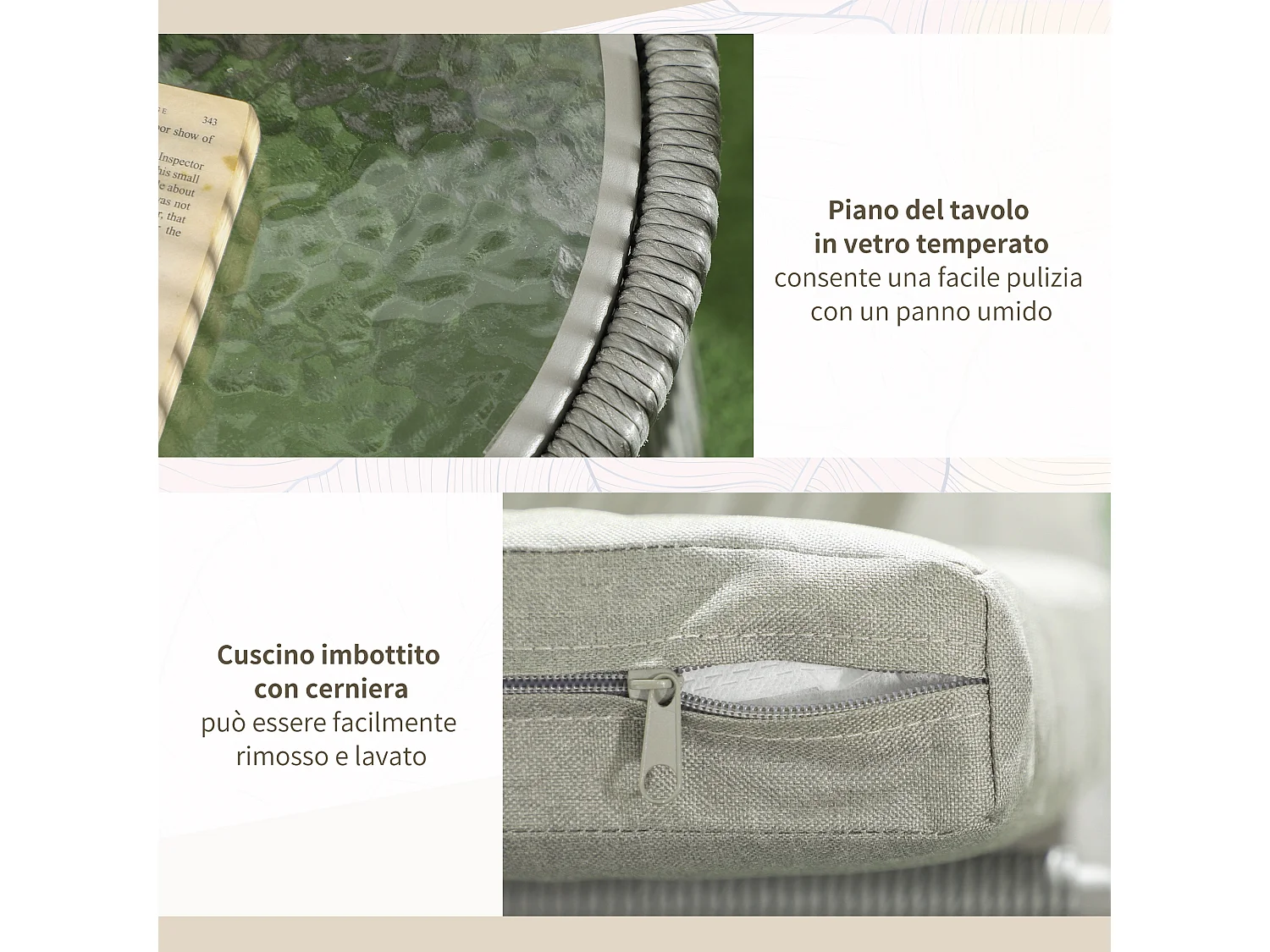 Set 2 sedie da giardino e tavolino stile boho in rattan grigio chiaro