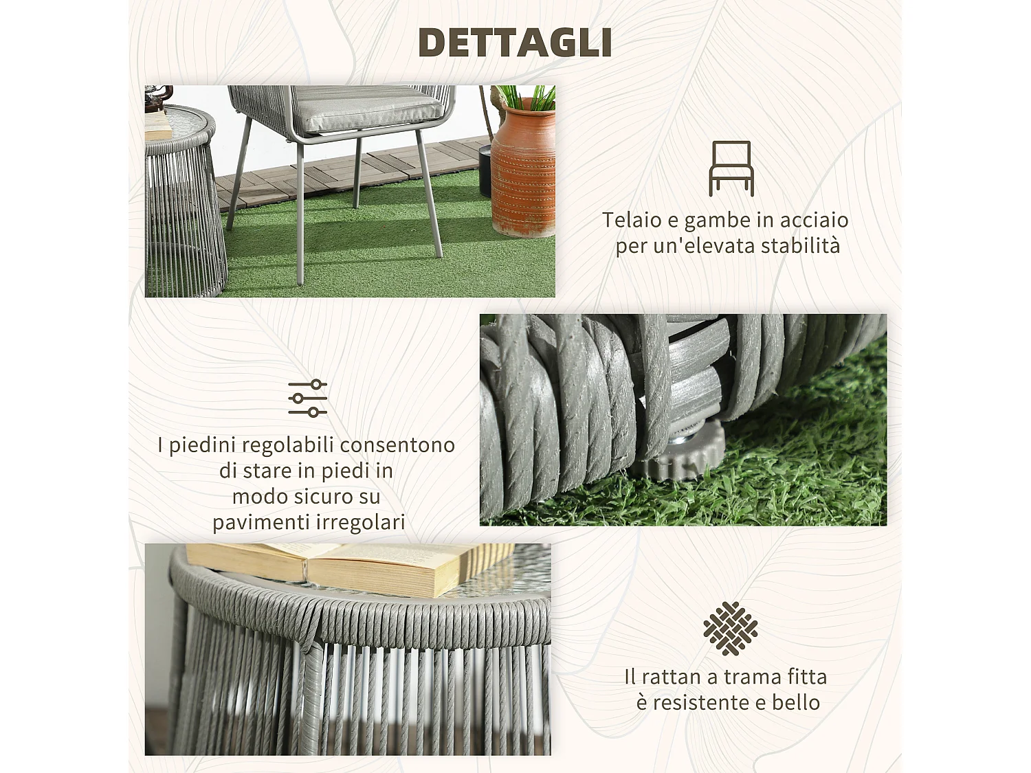 Set 2 sedie da giardino e tavolino stile boho in rattan grigio chiaro