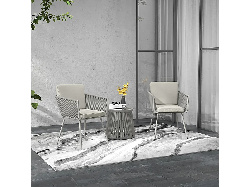 Set 2 sedie da giardino e tavolino stile boho in rattan grigio chiaro