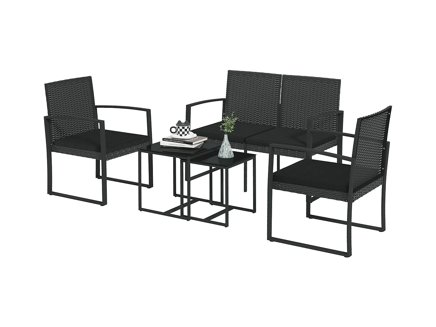 Set da giardino con 2 sedie divanetto e 2 tavolini effetto rattan