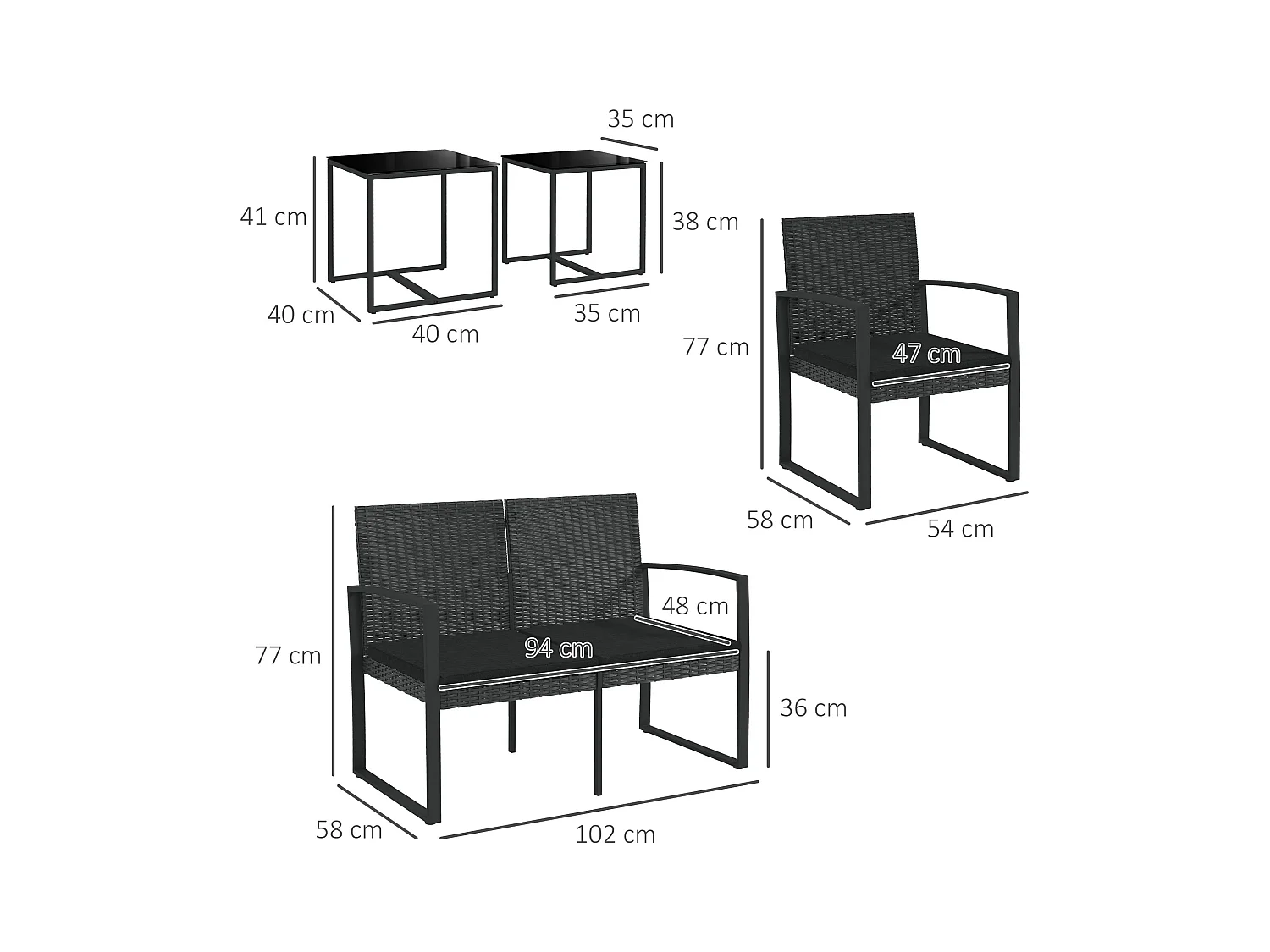 Set da giardino con 2 sedie divanetto e 2 tavolini effetto rattan