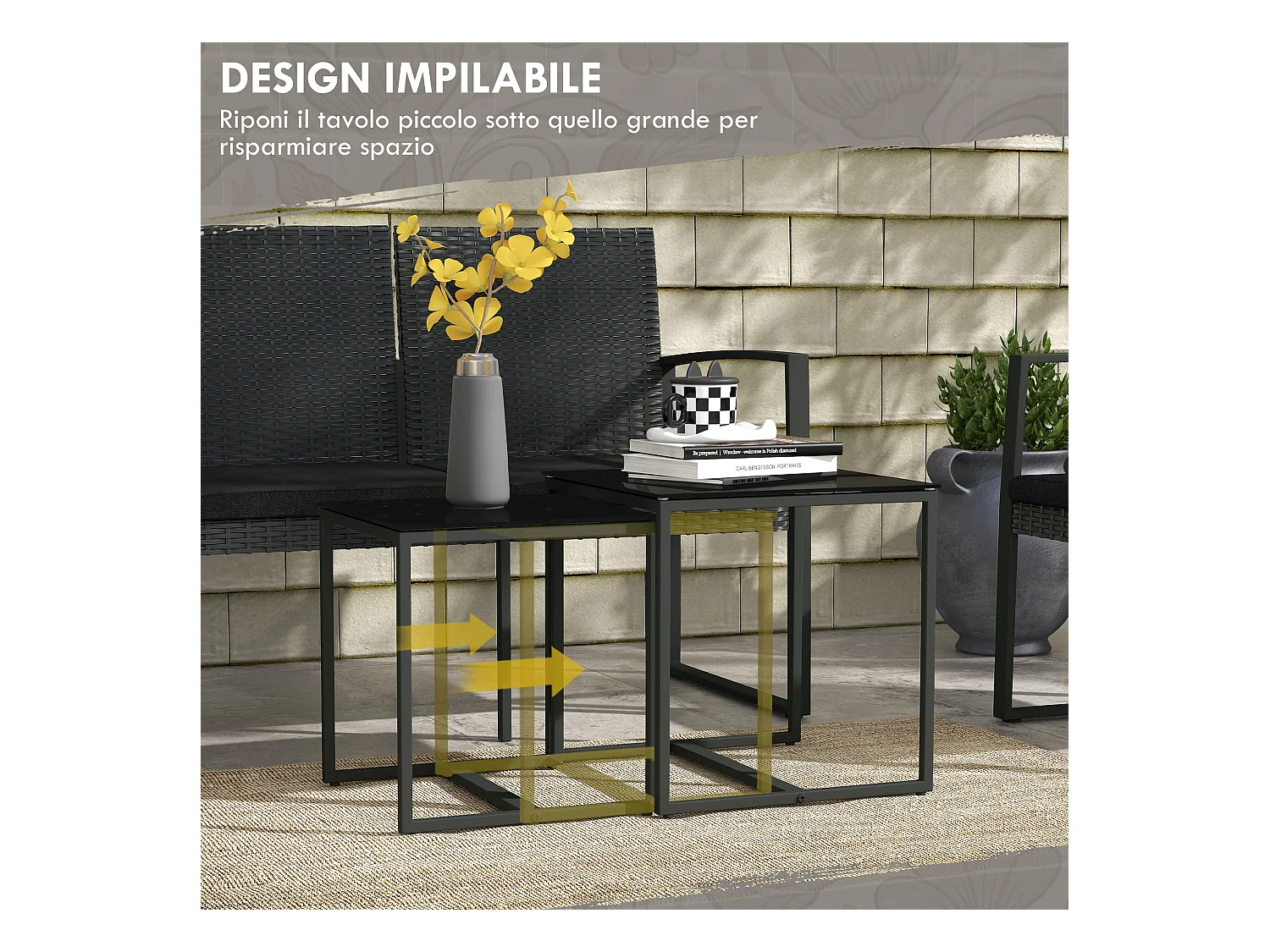 Set da giardino con 2 sedie divanetto e 2 tavolini effetto rattan