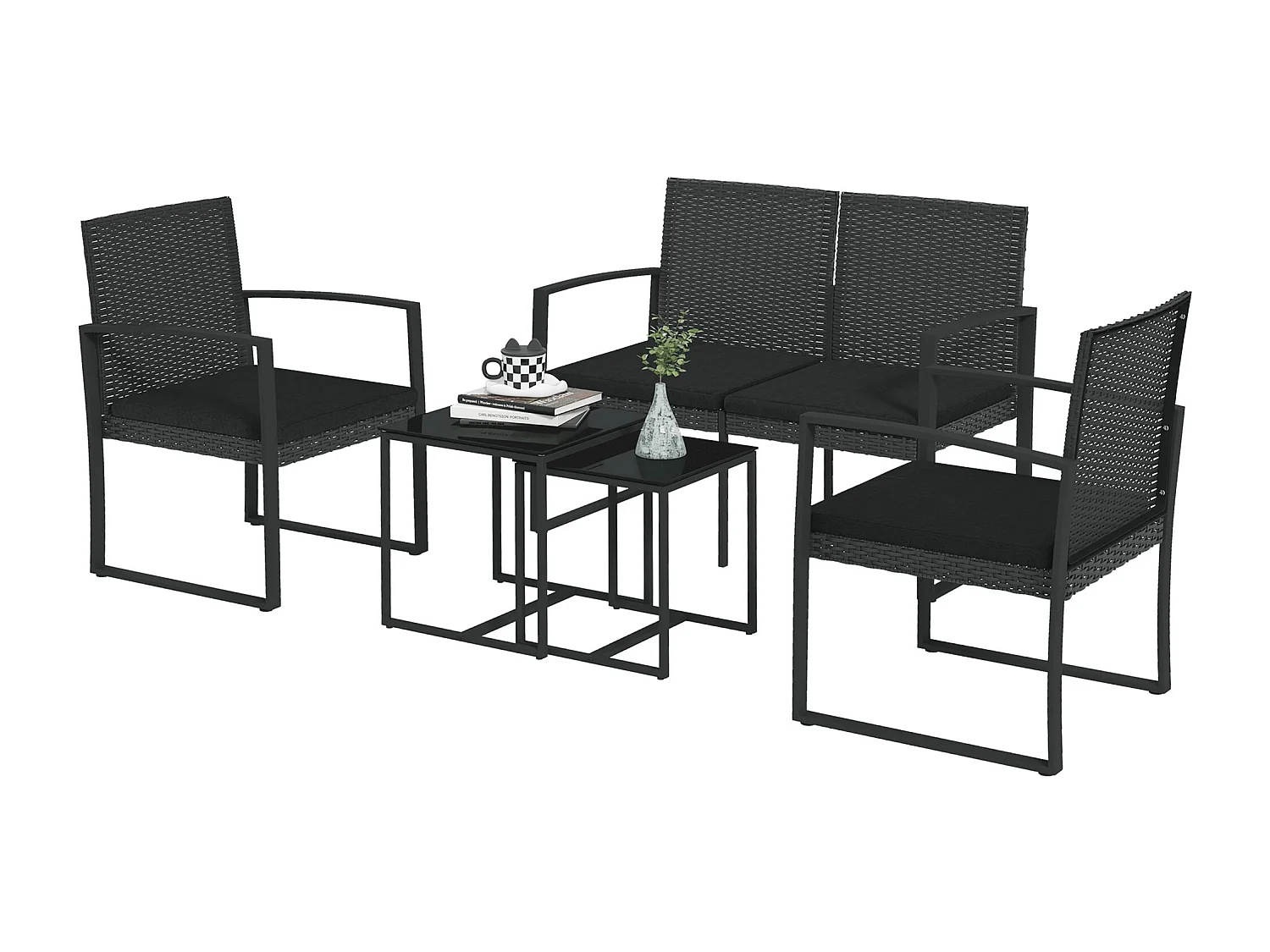 Set da giardino con 2 sedie divanetto e 2 tavolini effetto rattan