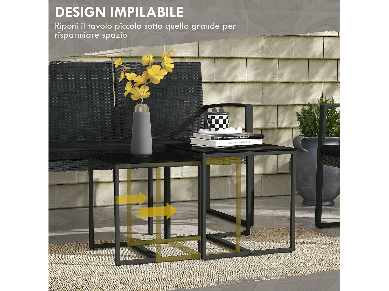 Set da giardino con 2 sedie divanetto e 2 tavolini effetto rattan