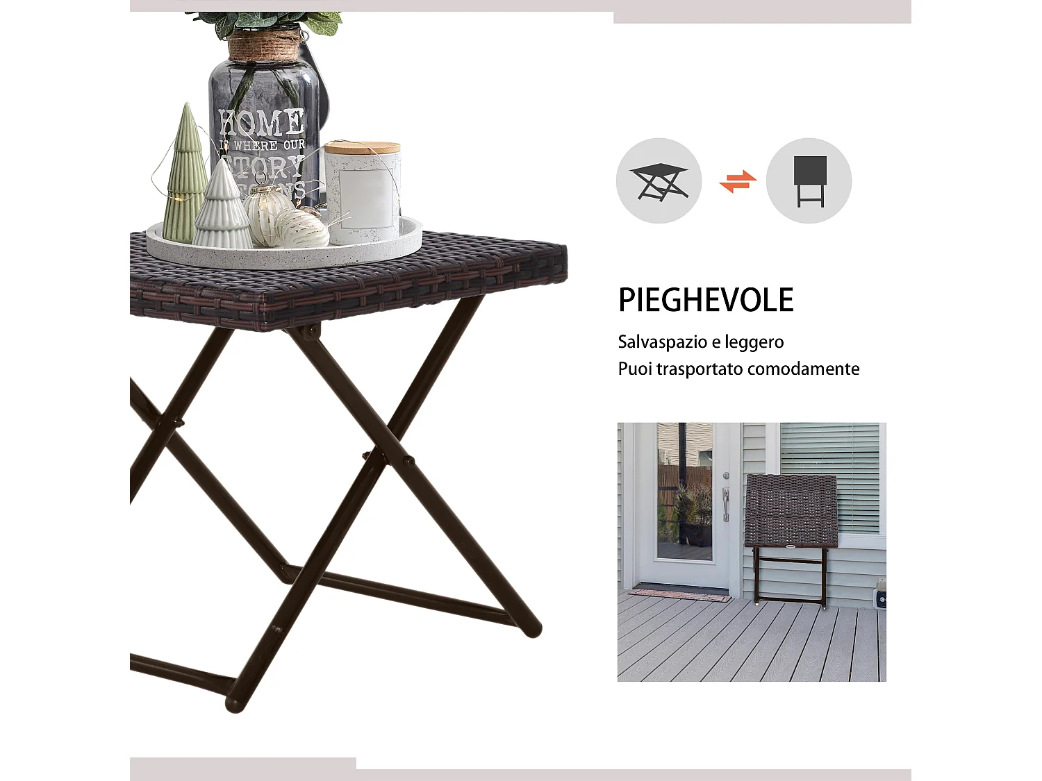 Tavolino da giardino pieghevole in rattan sintetico e acciaio marrone