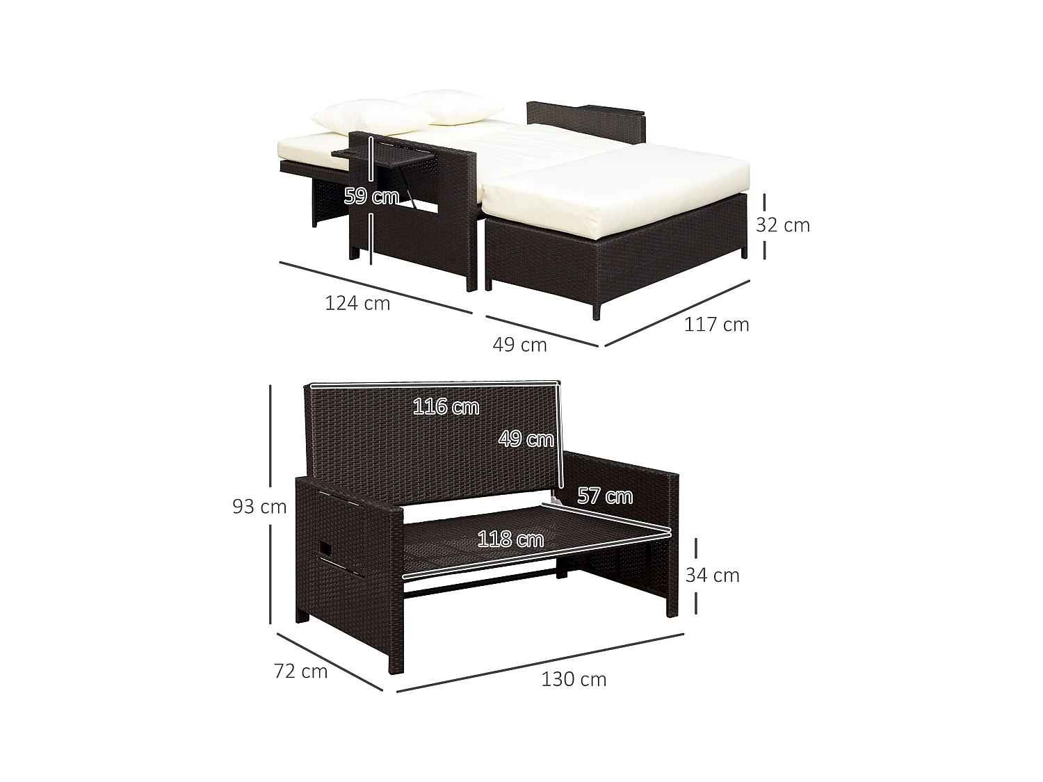 Divanetto da giardino componibile con panca in rattan marrone