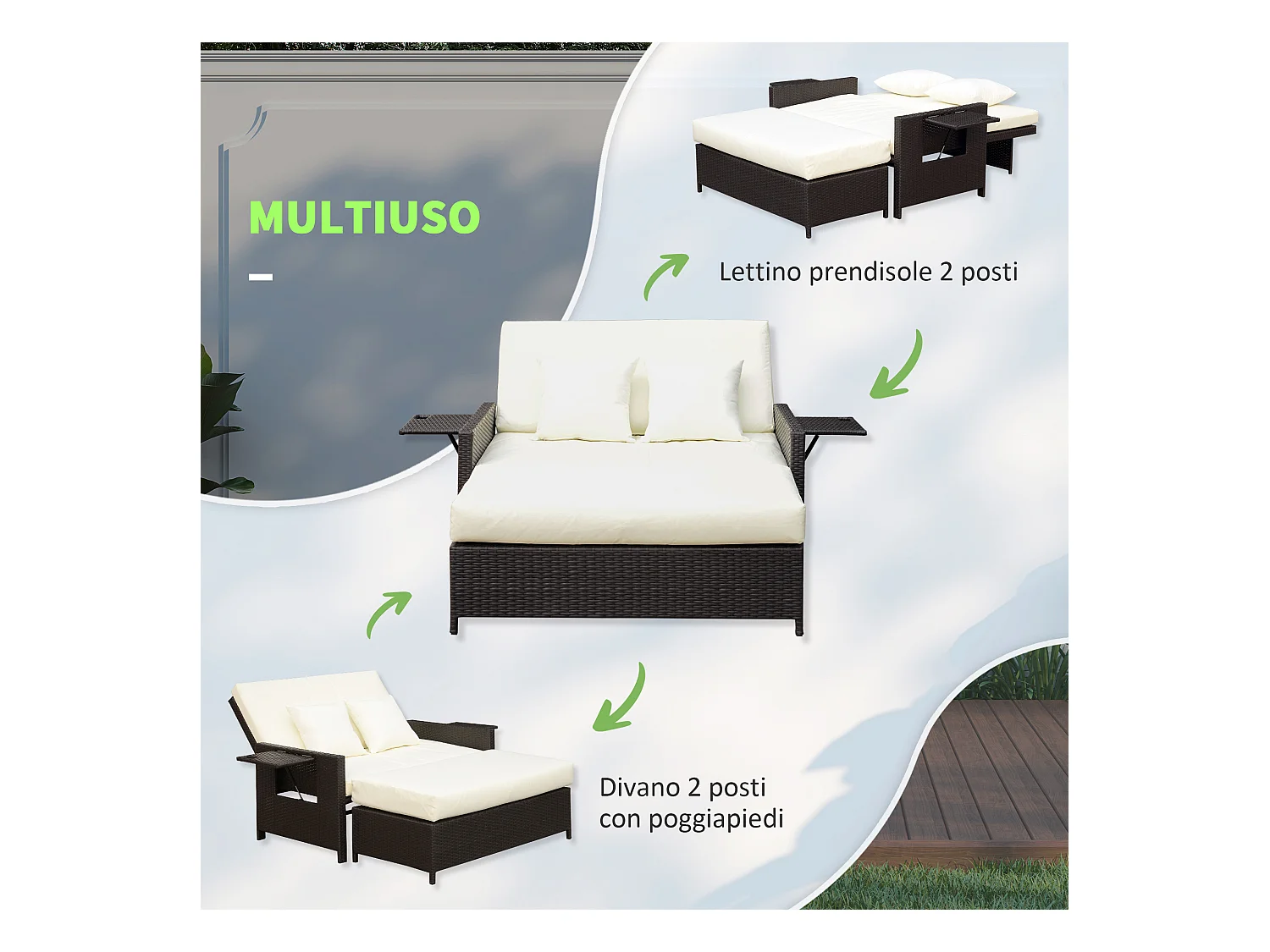 Divanetto da giardino componibile con panca in rattan marrone