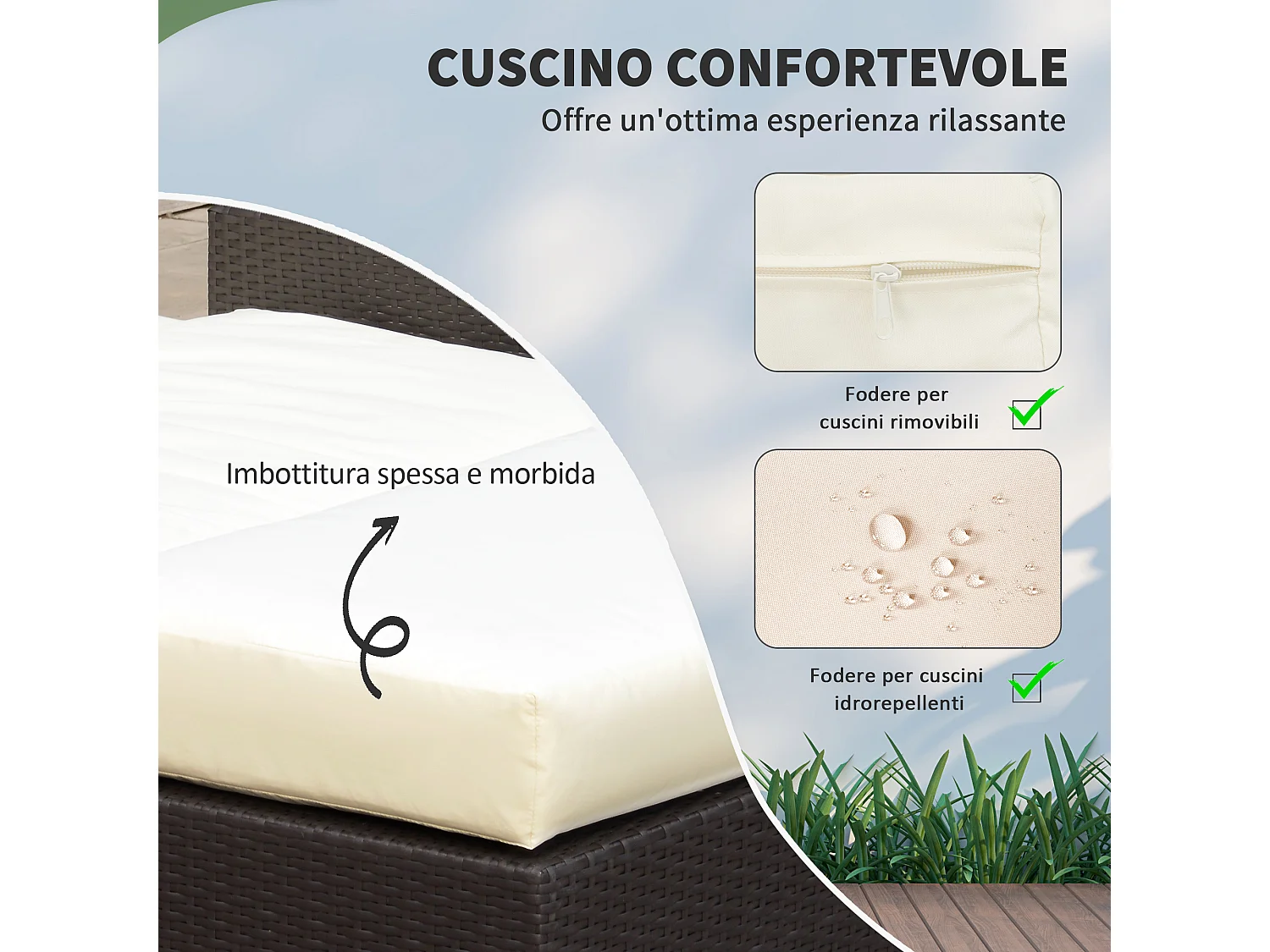 Divanetto da giardino componibile con panca in rattan marrone