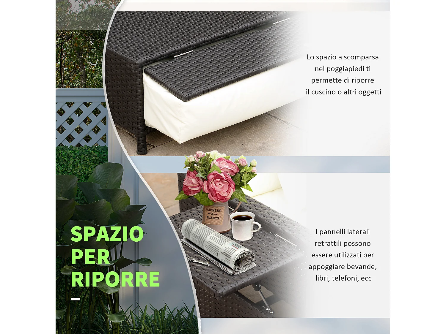 Divanetto da giardino componibile con panca in rattan marrone