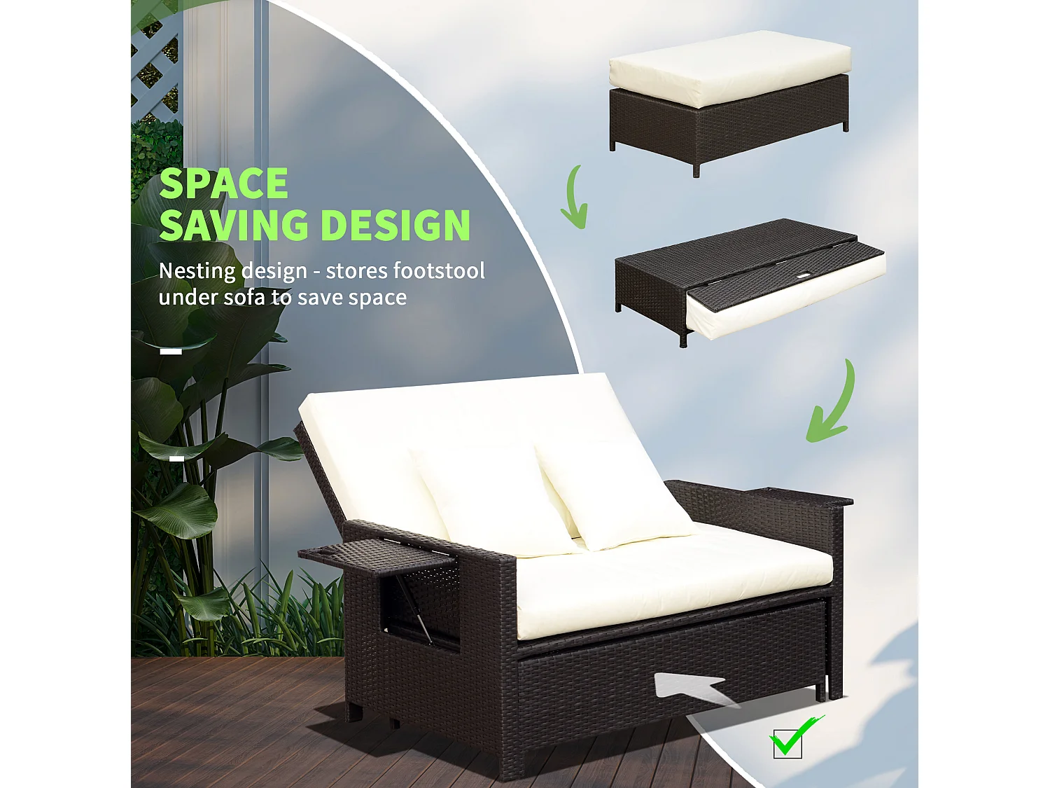 Divanetto da giardino componibile con panca in rattan marrone