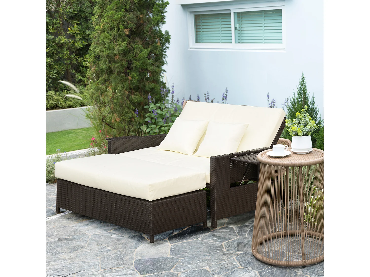 Divanetto da giardino componibile con panca in rattan marrone
