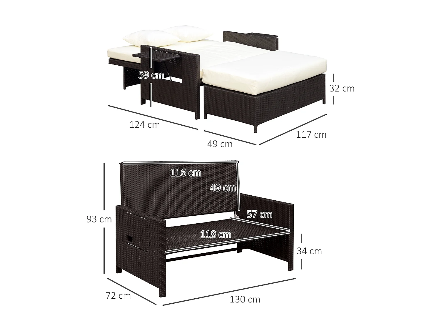 Divanetto da giardino componibile con panca in rattan marrone