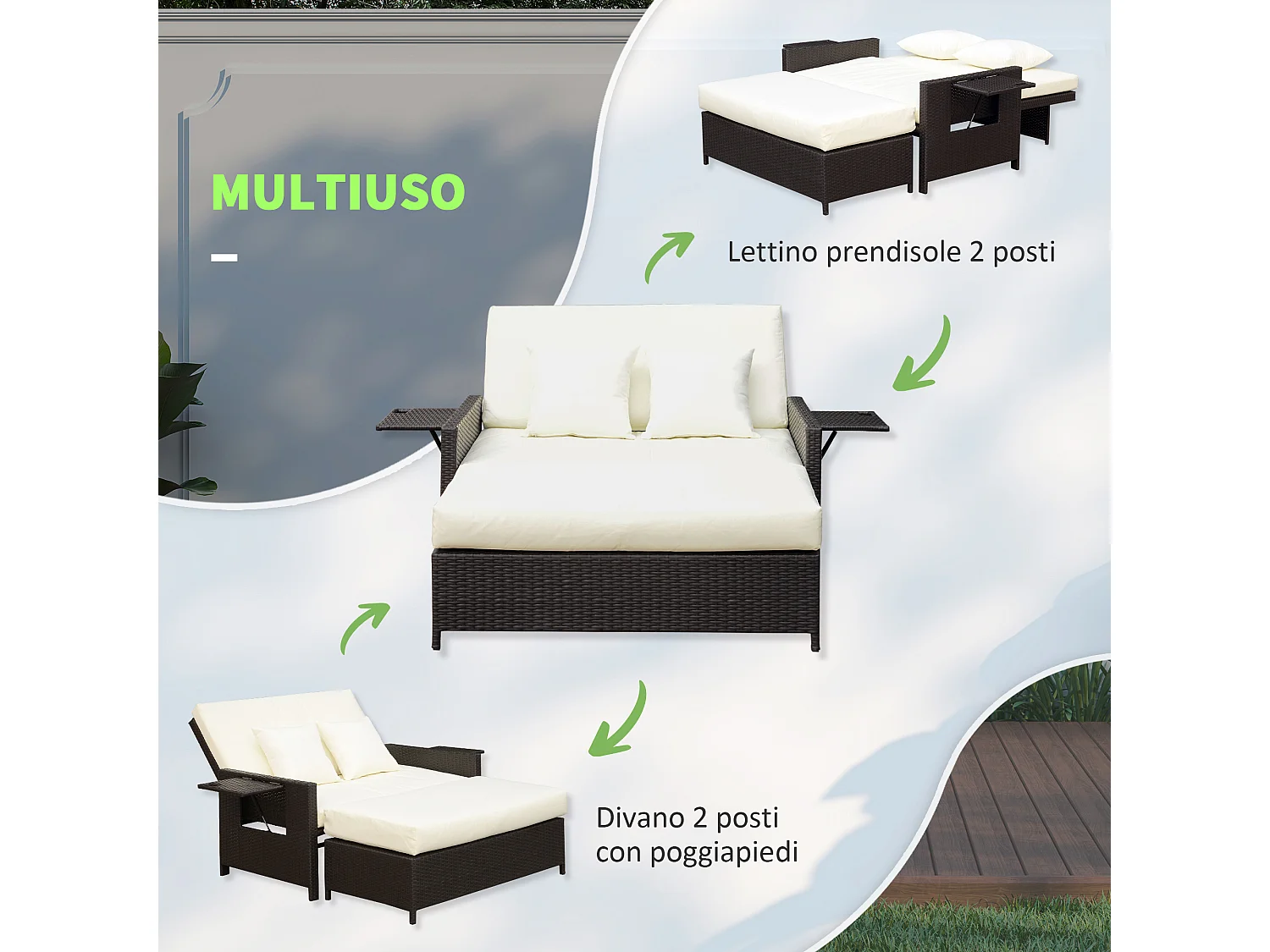 Divanetto da giardino componibile con panca in rattan marrone