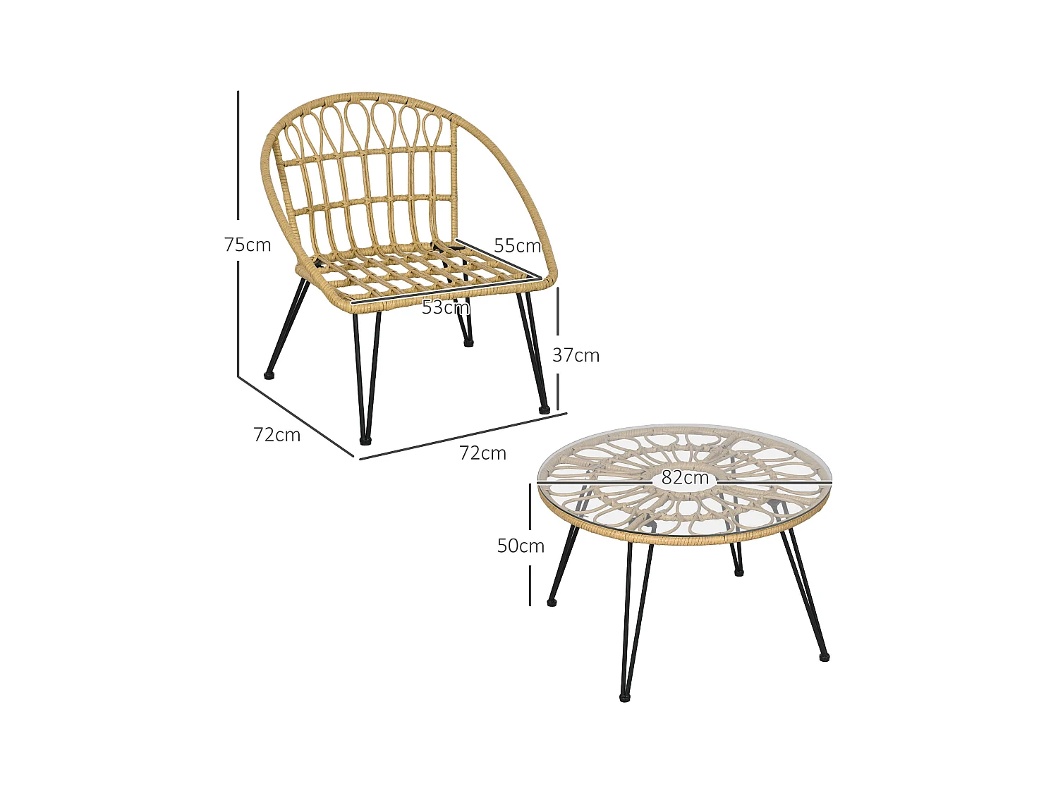Set da giardino 5 pezzi in rattan con tavolo rotondo e 4 sedie