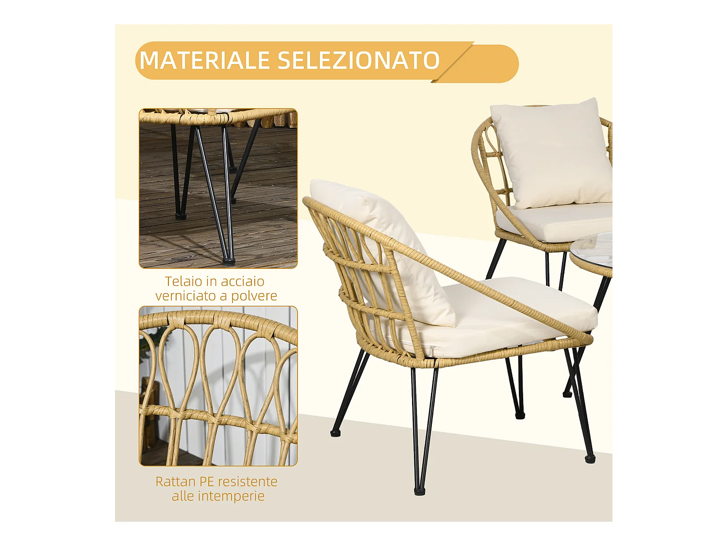 Set da giardino 5 pezzi in rattan con tavolo rotondo e 4 sedie