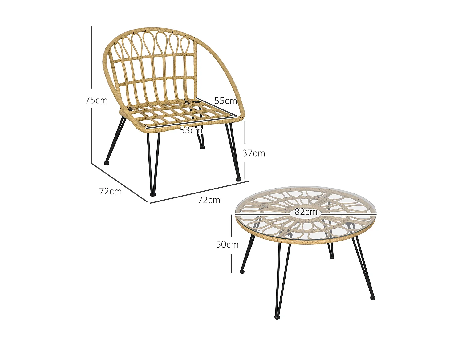 Set da giardino 5 pezzi in rattan con tavolo rotondo e 4 sedie