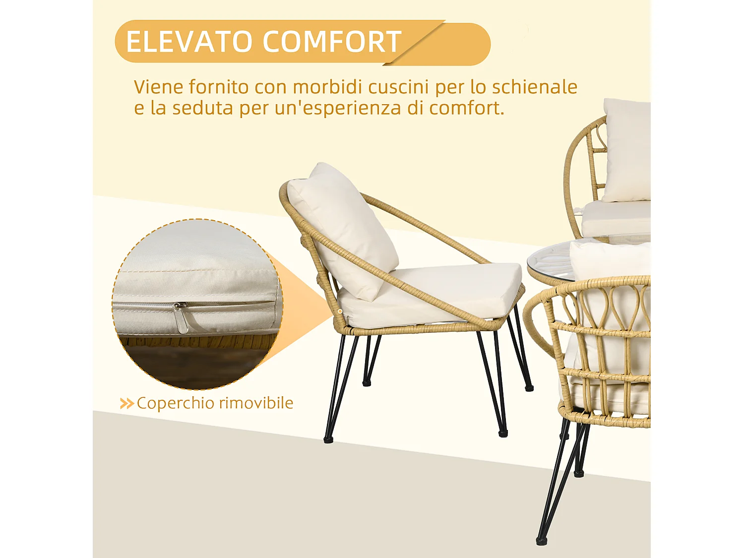 Set da giardino 5 pezzi in rattan con tavolo rotondo e 4 sedie