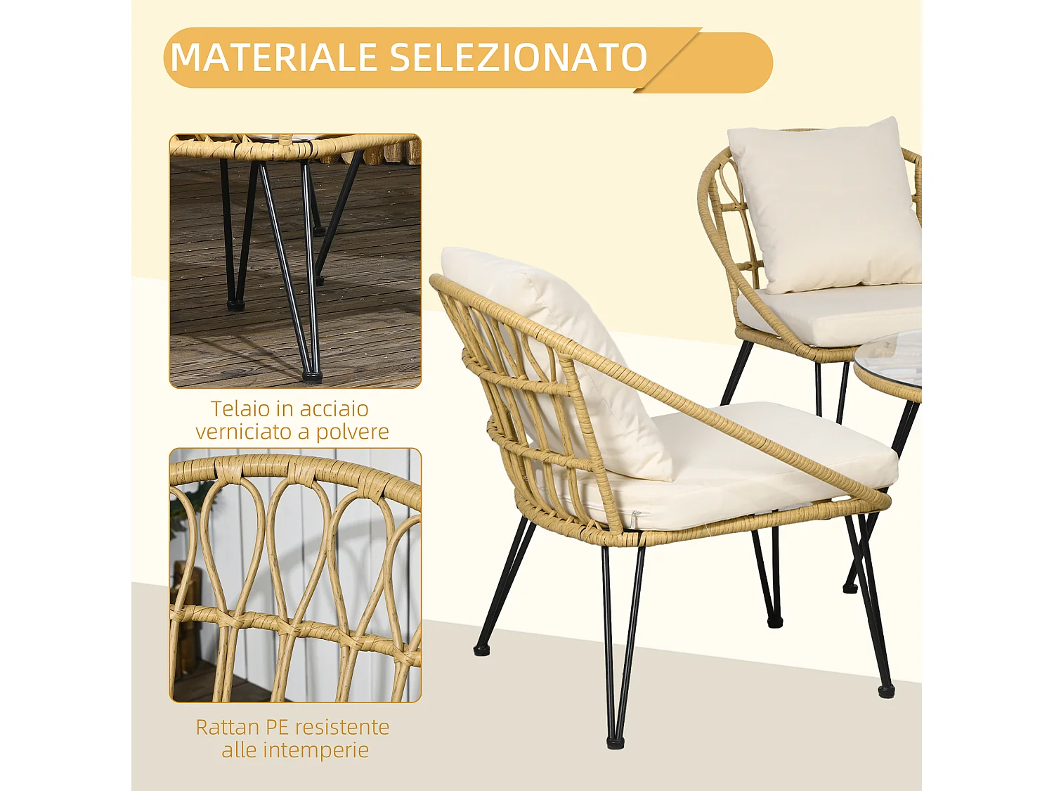 Set da giardino 5 pezzi in rattan con tavolo rotondo e 4 sedie