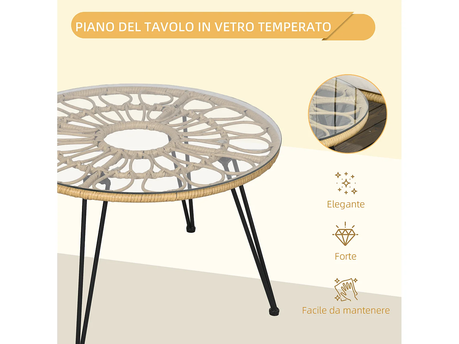 Set da giardino 5 pezzi in rattan con tavolo rotondo e 4 sedie