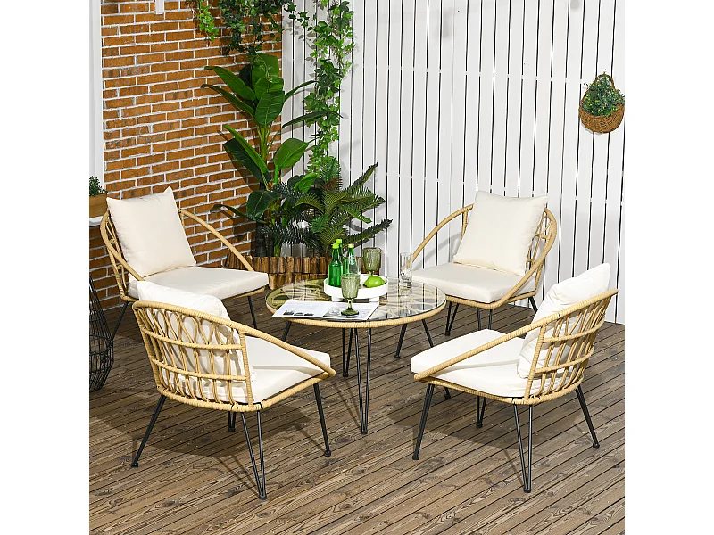 Set da giardino 5 pezzi in rattan con tavolo rotondo e 4 sedie