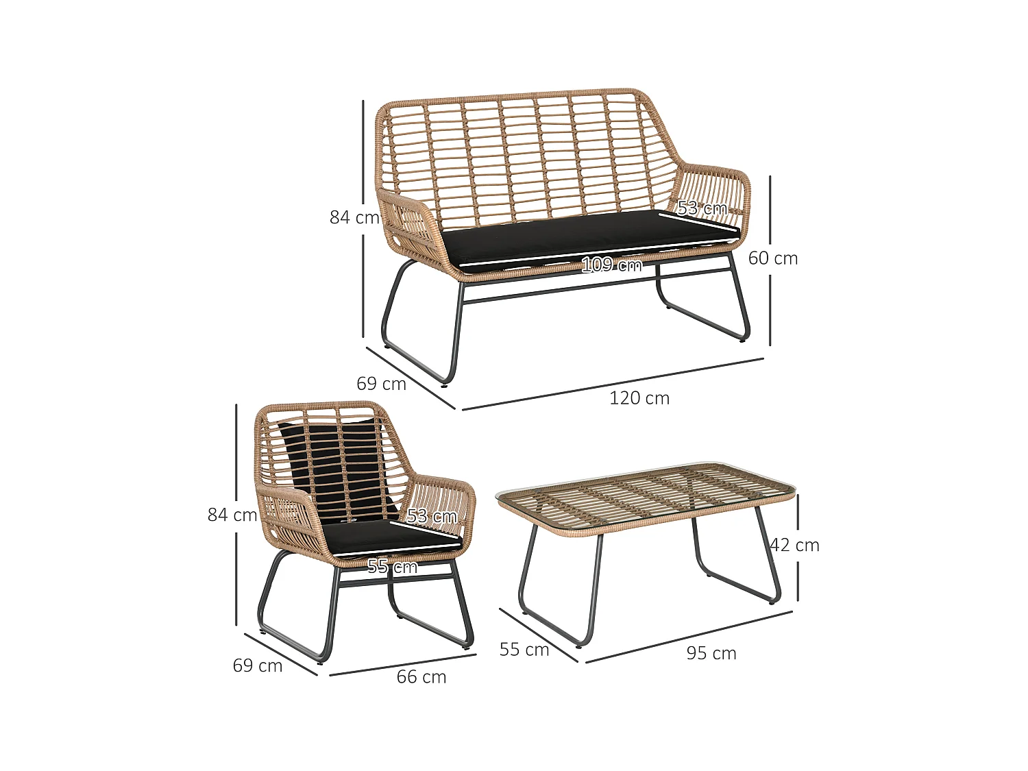 Set mobili giardino rattan pe con 2 poltrone divano tavolino