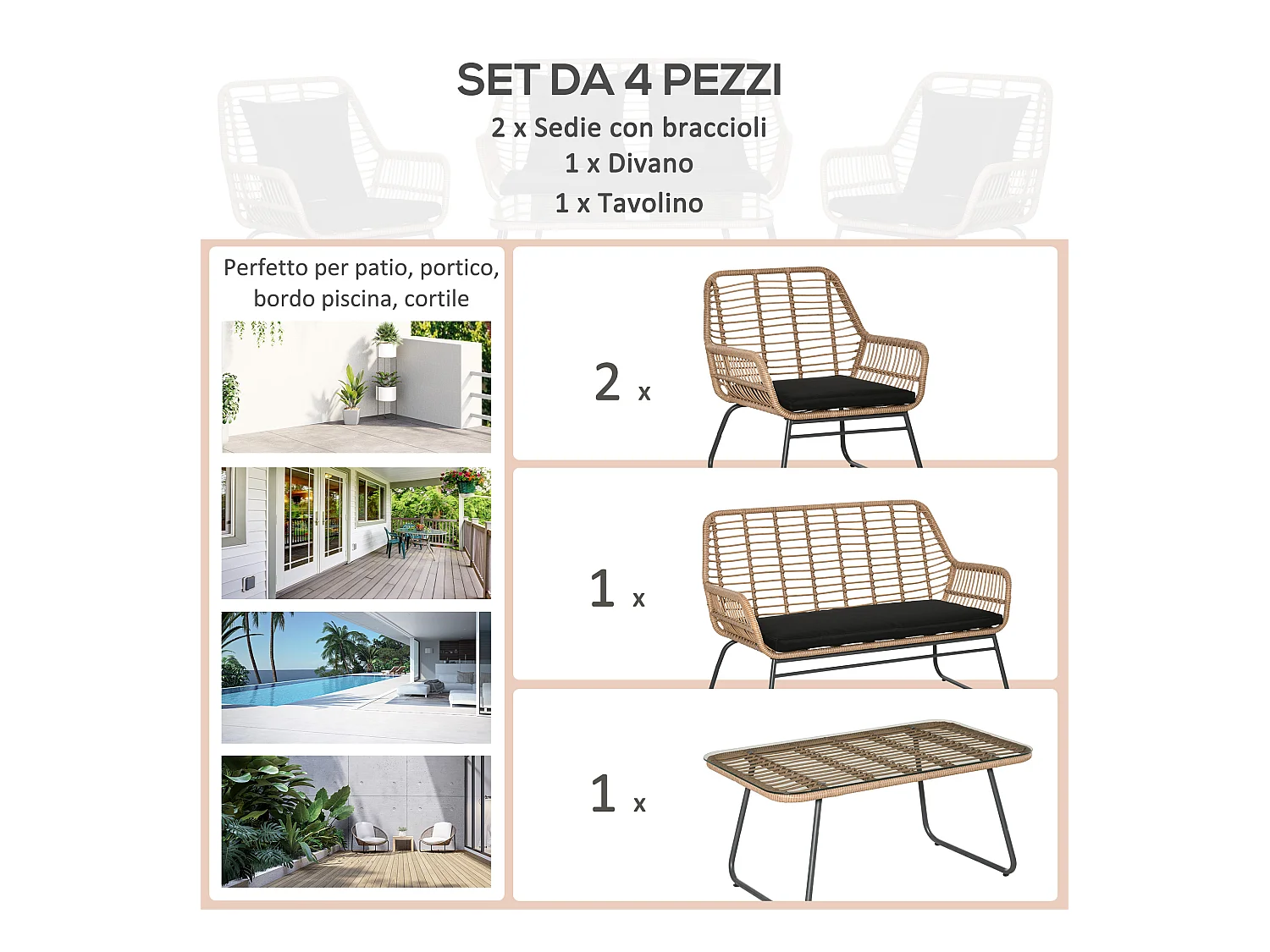 Set mobili giardino rattan pe con 2 poltrone divano tavolino