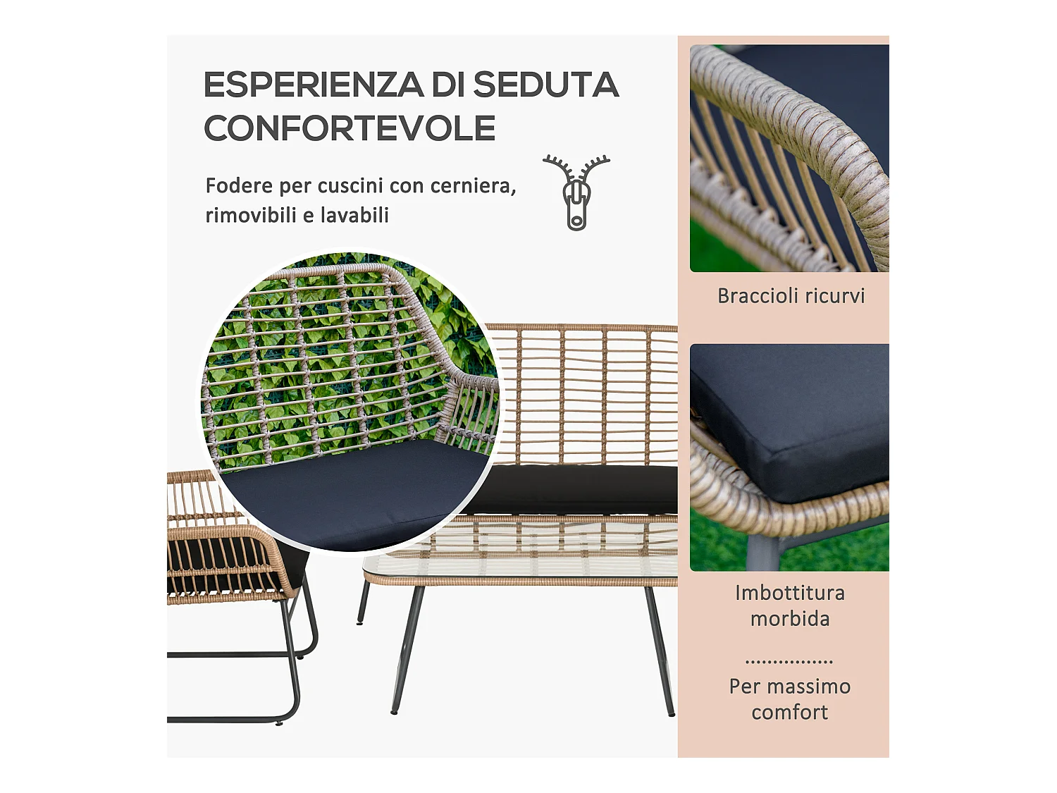 Set mobili giardino rattan pe con 2 poltrone divano tavolino