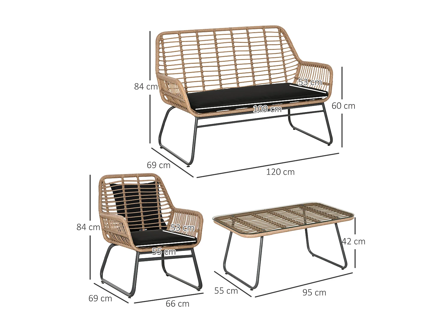 Set mobili giardino rattan pe con 2 poltrone divano tavolino