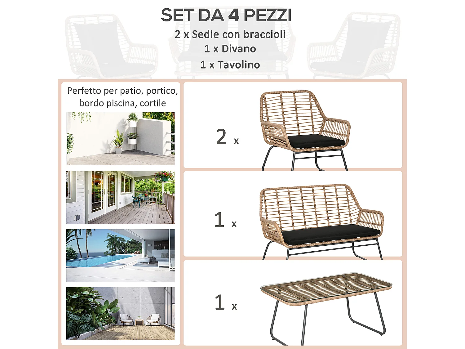 Set mobili giardino rattan pe con 2 poltrone divano tavolino