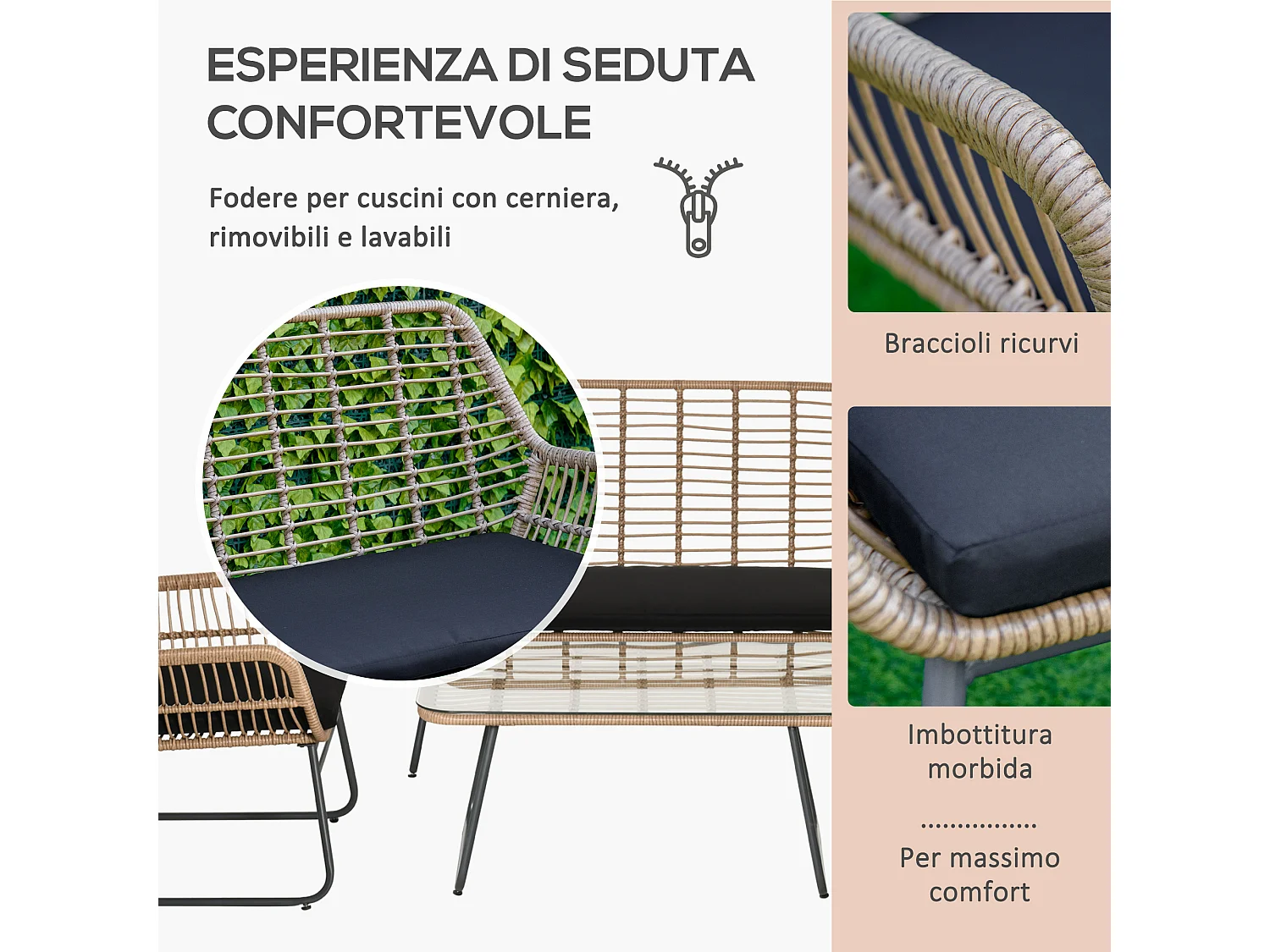 Set mobili giardino rattan pe con 2 poltrone divano tavolino