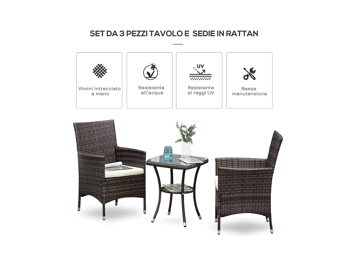 Set da giardino con tavolino e sedie in rattan pe marrone