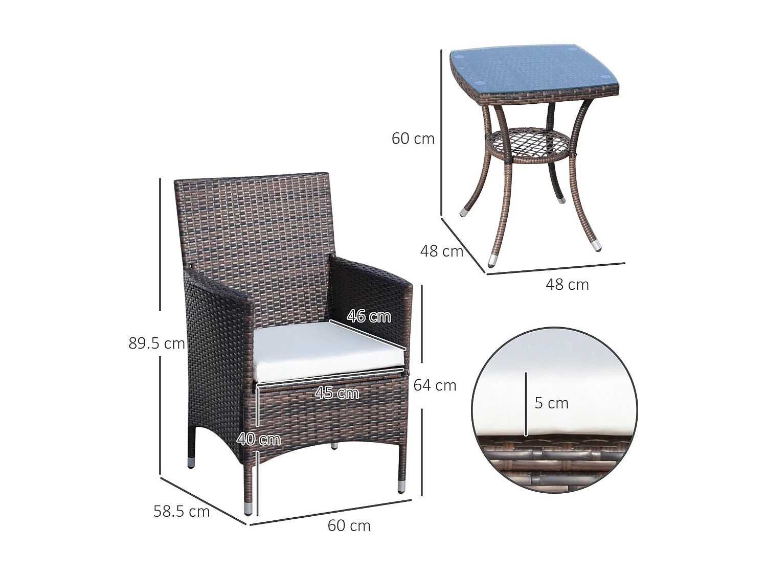 Set da giardino con tavolino e sedie in rattan pe marrone