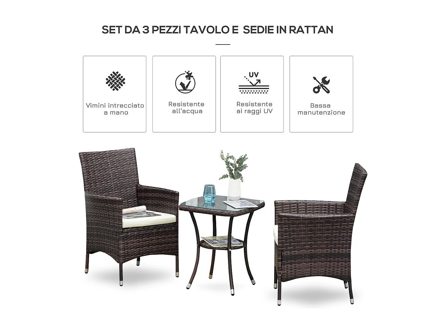 Set da giardino con tavolino e sedie in rattan pe marrone