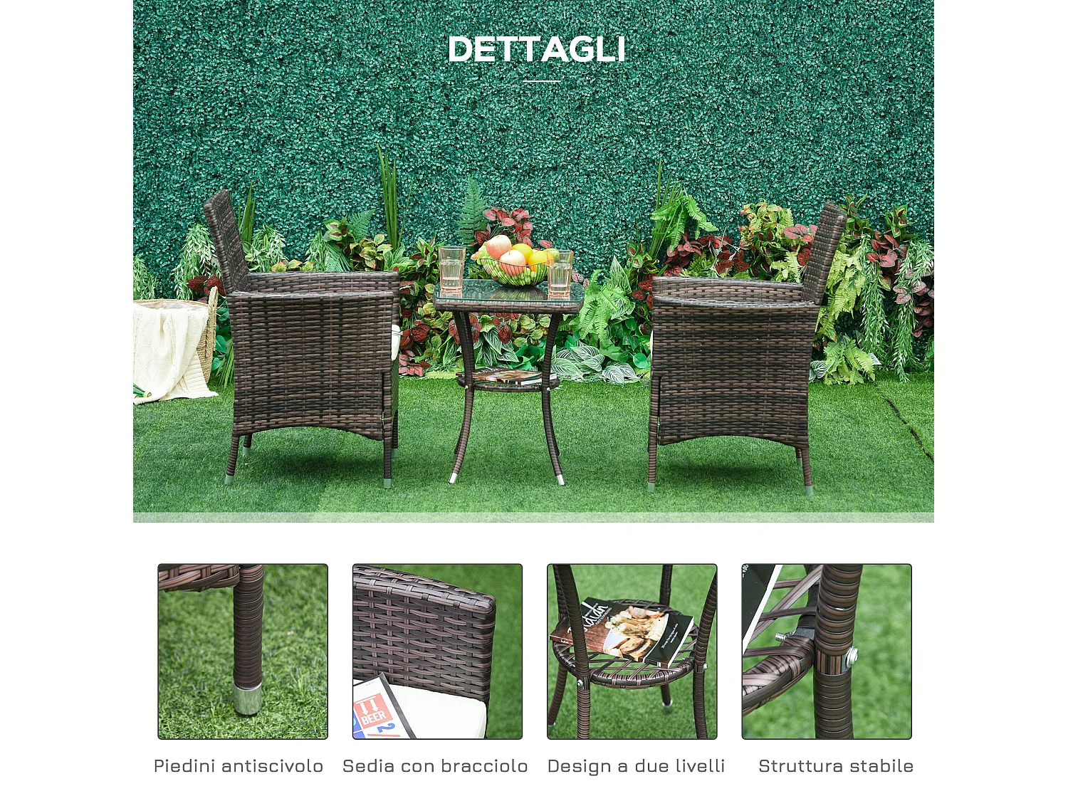 Set da giardino con tavolino e sedie in rattan pe marrone
