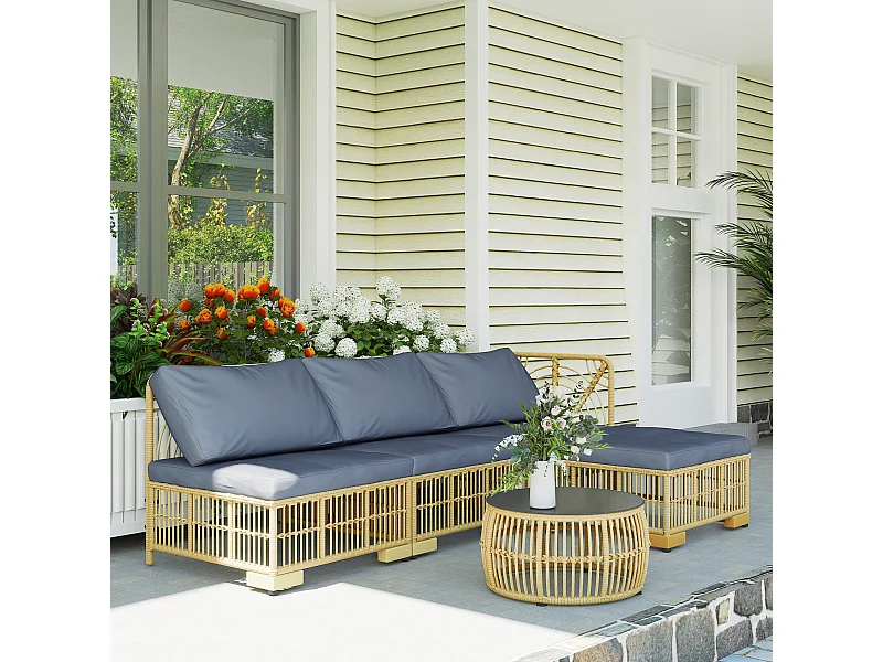 Salotto da giardino con divano, cuscini e tavolino in rattan pe grigio