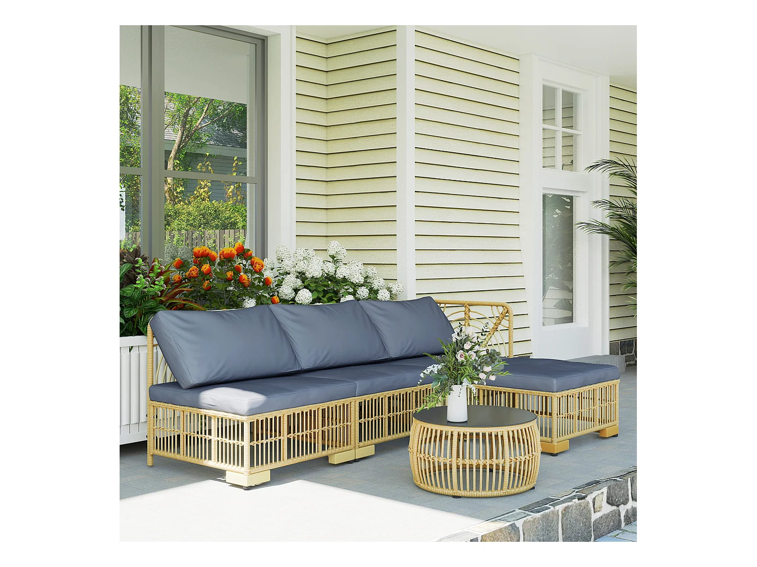 Salotto da giardino con divano, cuscini e tavolino in rattan pe grigio