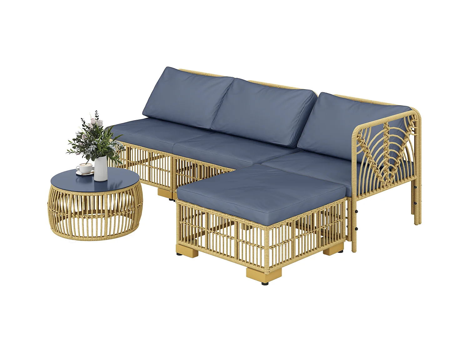 Salotto da giardino con divano, cuscini e tavolino in rattan pe grigio