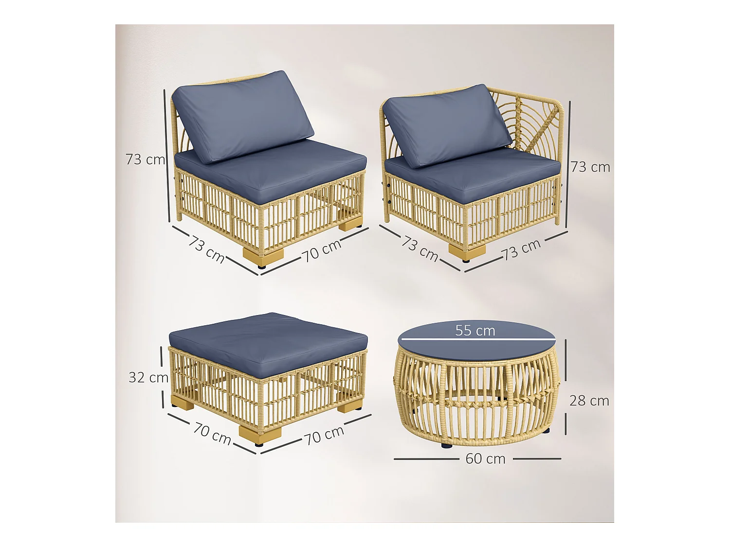 Salotto da giardino con divano, cuscini e tavolino in rattan pe grigio
