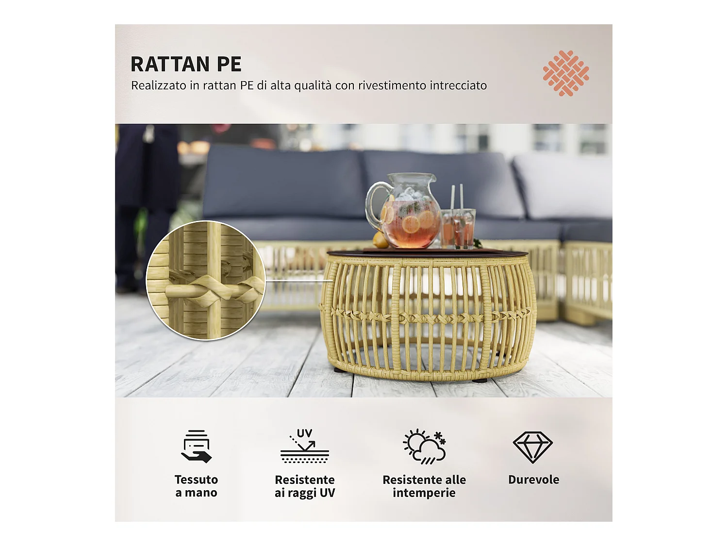 Salotto da giardino con divano, cuscini e tavolino in rattan pe grigio