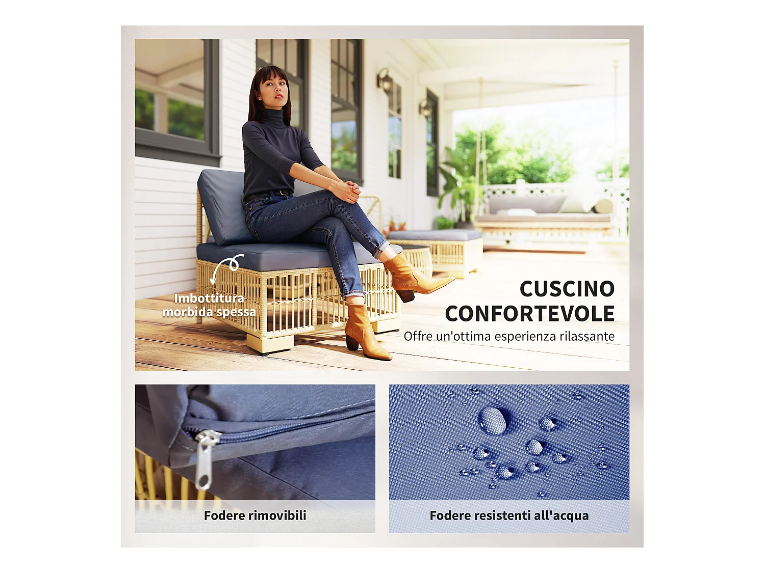 Salotto da giardino con divano, cuscini e tavolino in rattan pe grigio