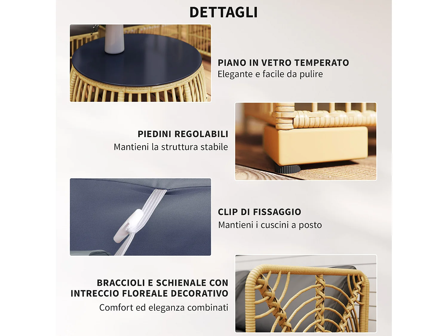 Salotto da giardino con divano, cuscini e tavolino in rattan pe grigio