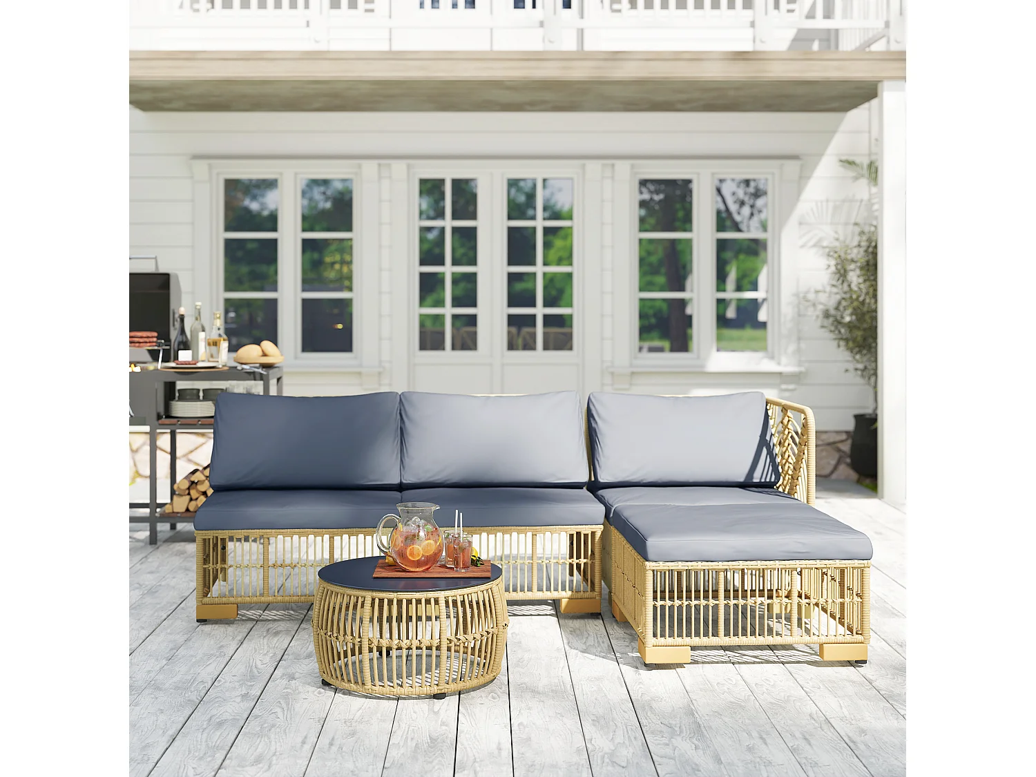 Salotto da giardino con divano, cuscini e tavolino in rattan pe grigio