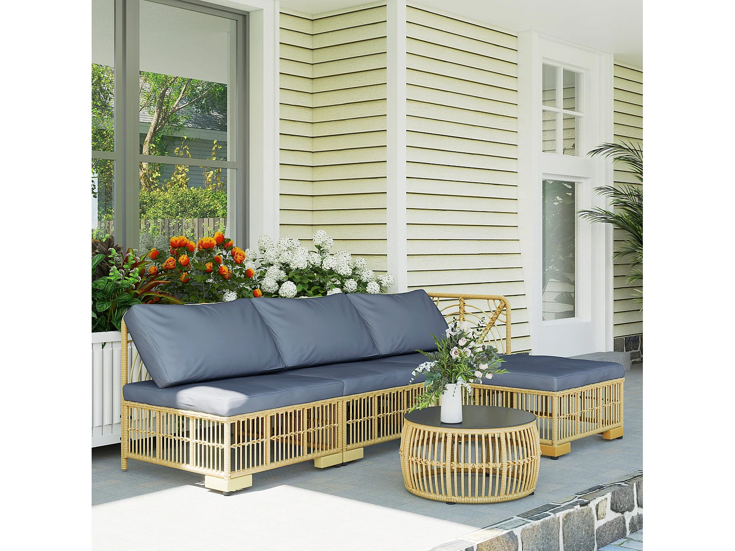 Salotto da giardino con divano, cuscini e tavolino in rattan pe grigio