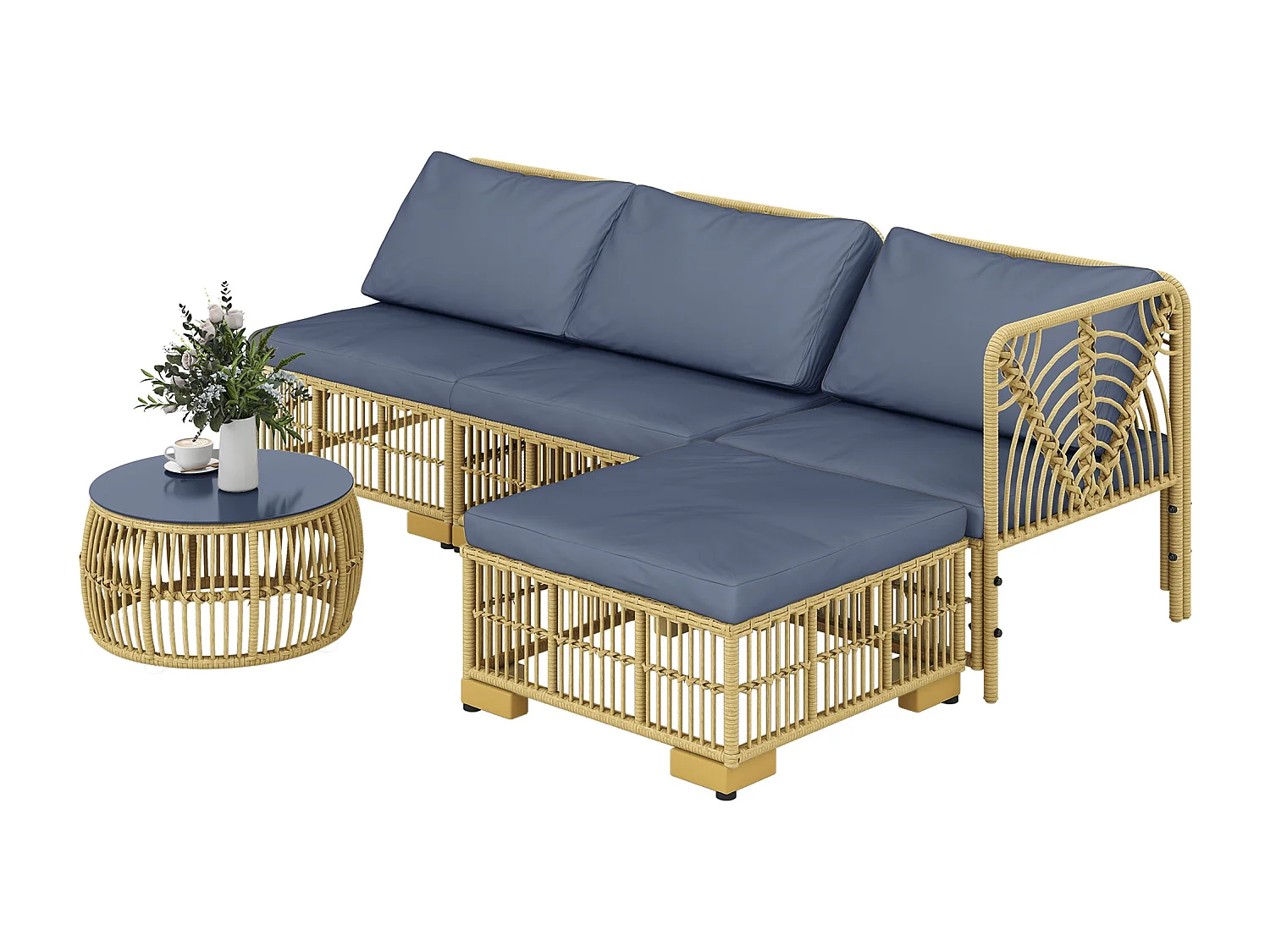 Salotto da giardino con divano, cuscini e tavolino in rattan pe grigio