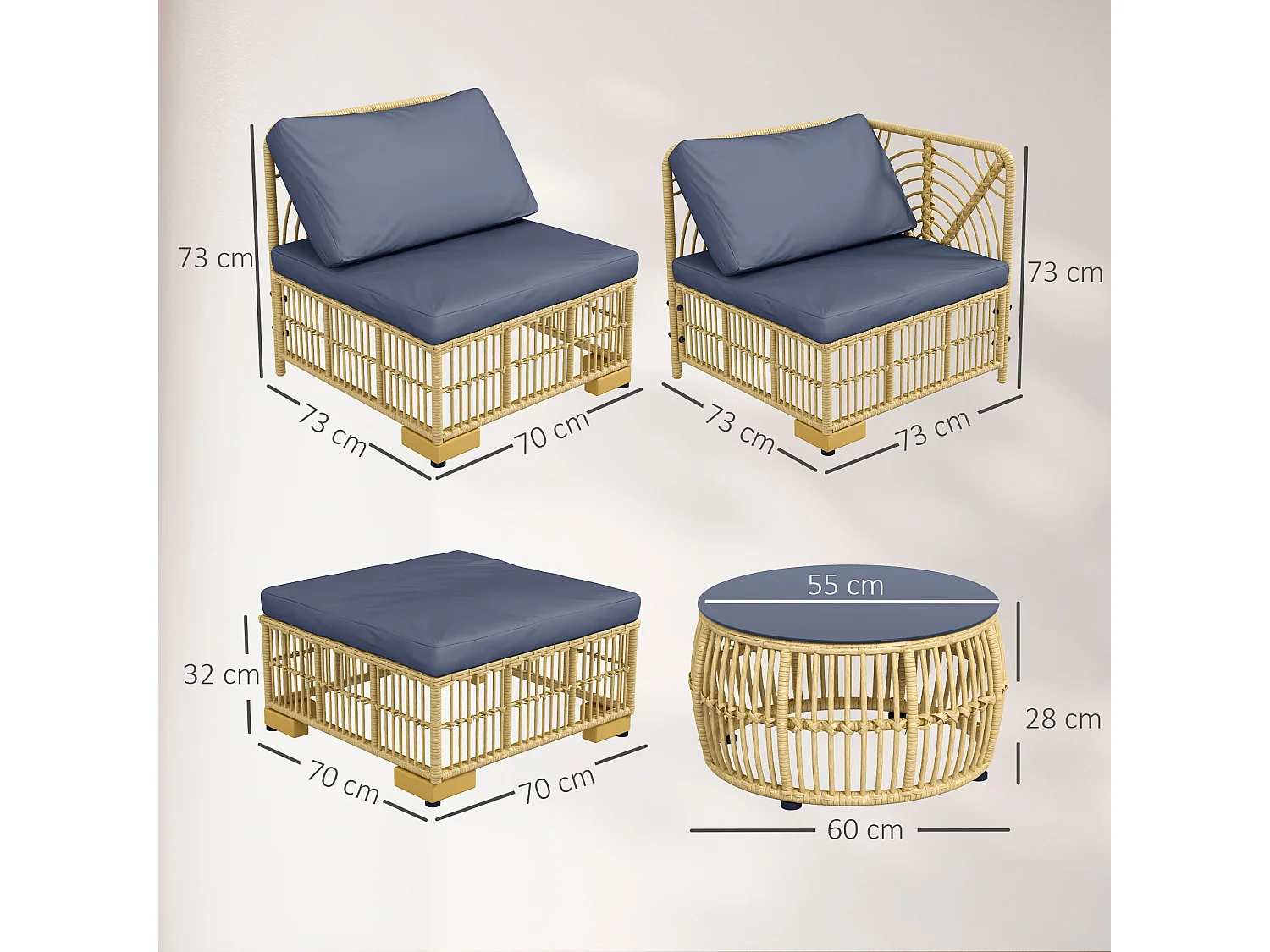Salotto da giardino con divano, cuscini e tavolino in rattan pe grigio