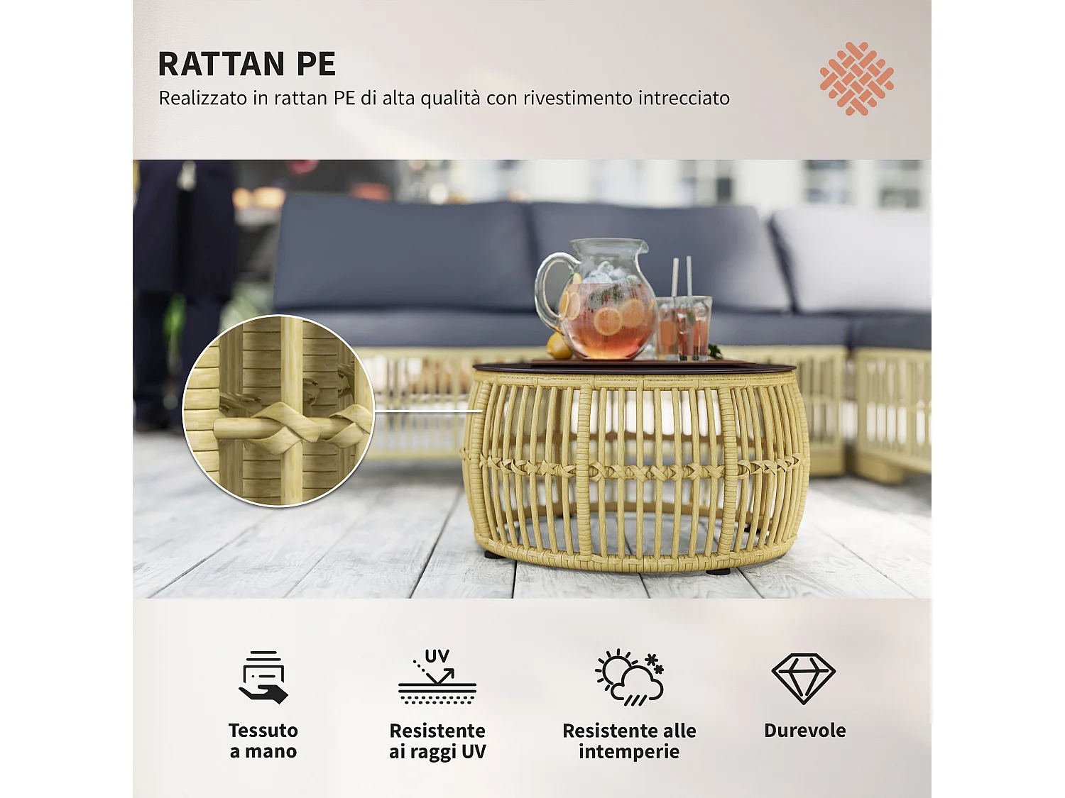 Salotto da giardino con divano, cuscini e tavolino in rattan pe grigio