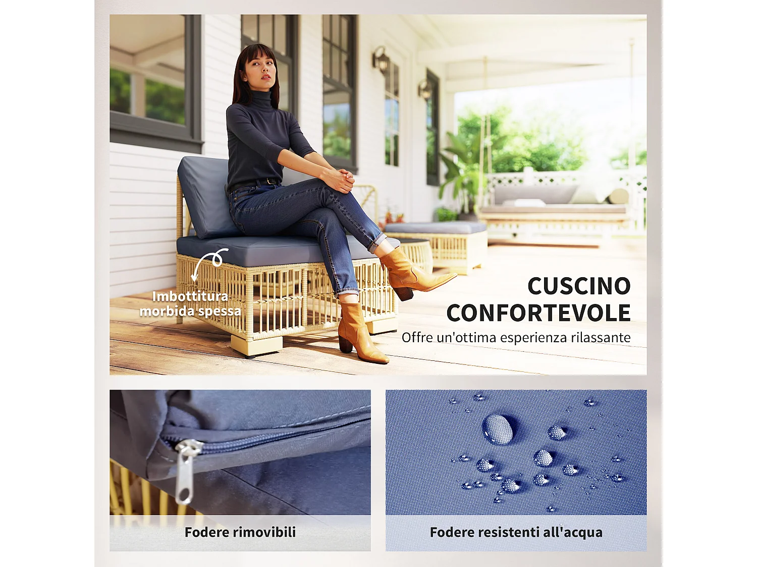 Salotto da giardino con divano, cuscini e tavolino in rattan pe grigio