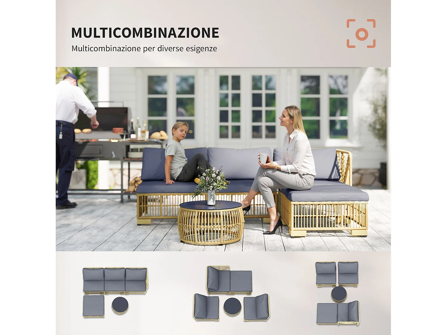 Salotto da giardino con divano, cuscini e tavolino in rattan pe grigio